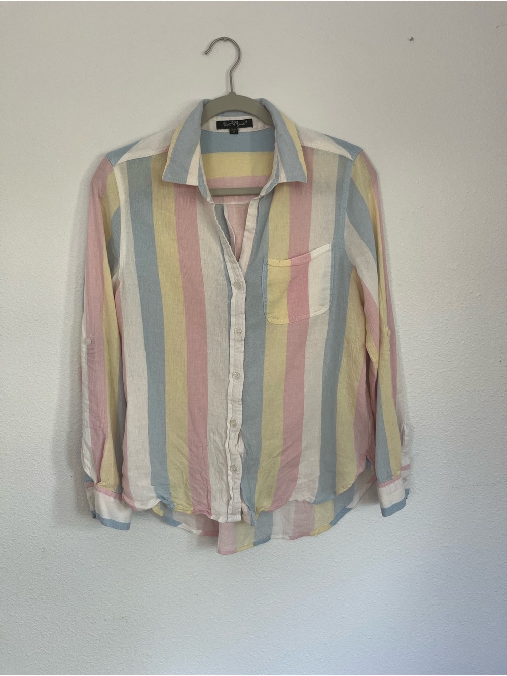 Velvet Heart Pastel Striped Button-Up Shirt in Blue, Yellow, Pink, Cream